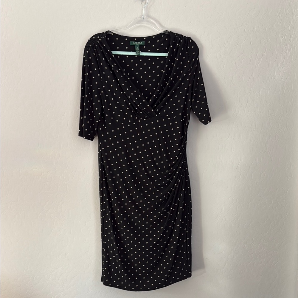 Talbots Black and White Ruched Wrap Midi Dress